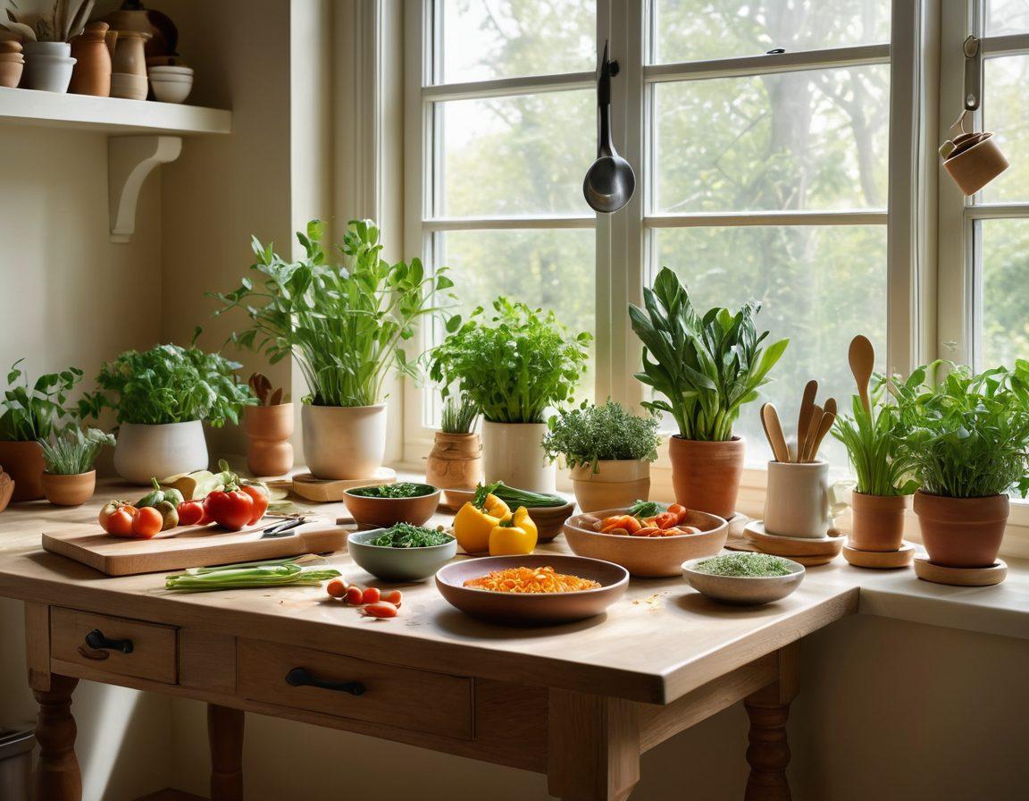 A serene kitchen scene featuring a sunny window with green plants, showcasing an elegant wooden table set with various cutting tools, ceramic bowls filled with fresh vegetables, and a cookbook open on a stand. In the background, a gentle light illuminates a healing tea setup with colorful herbal infusions. The atmosphere should evoke warmth, wellness, and the art of cooking as a nurturing process, blending culinary tools with a sense of care. calming aesthetics. soft pastel colors. super-realistic.