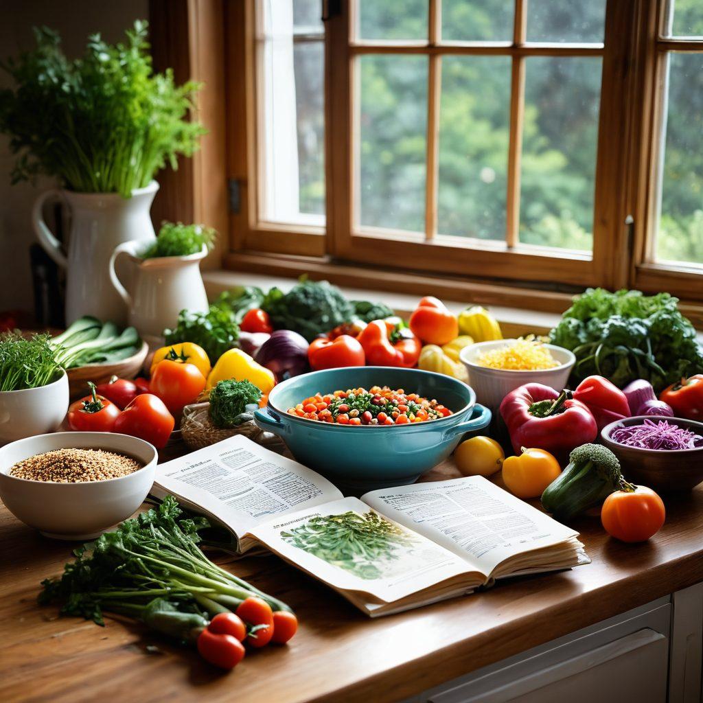 A vibrant kitchen scene showcasing colorful fresh vegetables, whole grains, and herbs laid out on a wooden countertop. In the background, a cookbook open to a recipe designed for cancer prevention sits next to a steaming bowl of healthy soup. Sunlight filters in through a window, casting a warm glow on the ingredients. Include an apron hanging nearby with a cancer awareness ribbon. super-realistic. vibrant colors. warm lighting.