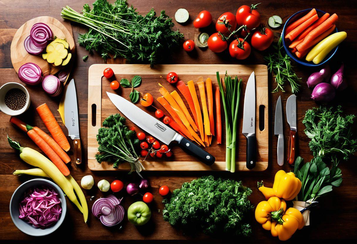 A vibrant kitchen scene featuring an array of culinary tools like sharp knives, cutting boards, and colorful vegetables arranged artistically. Overlay images of cancer awareness ribbons and fresh herbs, symbolizing health and wellness. Warm lighting to create an inviting ambiance, with a focus on the act of slicing and preparing nutritious meals. super-realistic. bright colors. warm atmosphere.